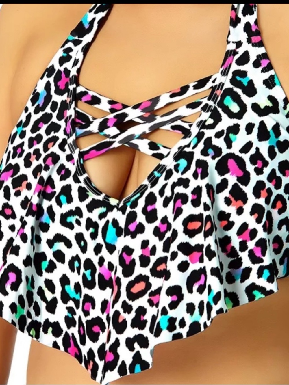 New Plus Size Leopard-Print Lace Up Flounce Bralette Bikini Top Modest 12/14